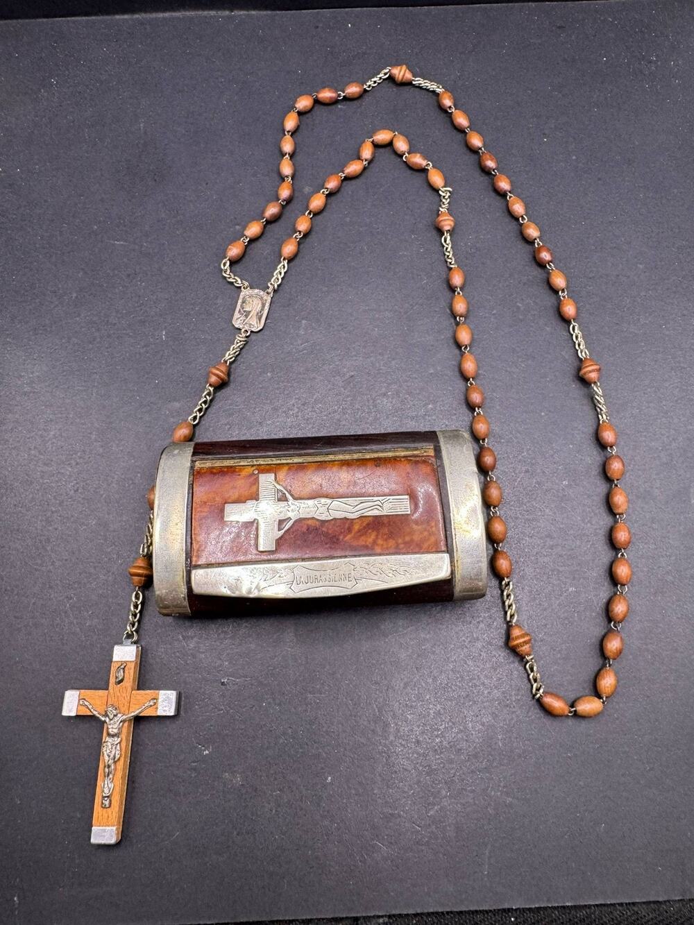 Vintage La Jurassienne Wooden Rosary Case with Prayer Beads Catholic Devotional